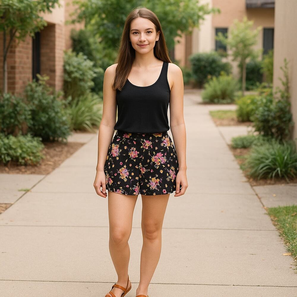 Urban Renewal Floral Flowy Shorts Black Sheer High Rise Zip Front Boho Size S